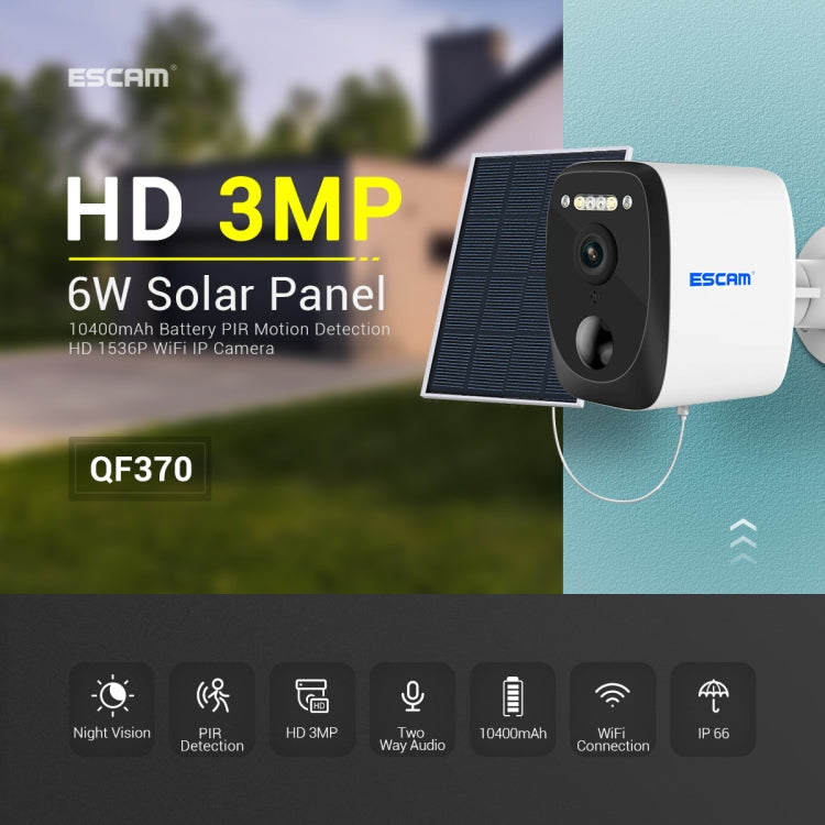 ESCAM QF370 3MP Cloud Storage PT WIFI Solar Panel IP Camera with PIR Alarm Support Night Vision & Two Way Audio, QF370 ESCAM QF370 3MP Cloud Storage PT WIFI Solar Panel IP Camera with PIR Alarm Support Night Vision & Two Way Audio, QF370